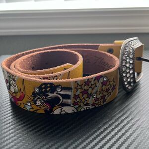 Y2K Ed Hardy Leather Belt Mustard Yellow with Rhinestones